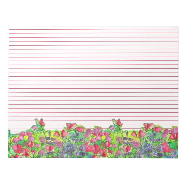 Watercolor Sweet Pea Flowers Red Lined Notepad (Front)