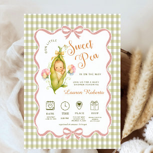 Watercolor Sweet Pea on the Way Pink Bow Gengham Invitation