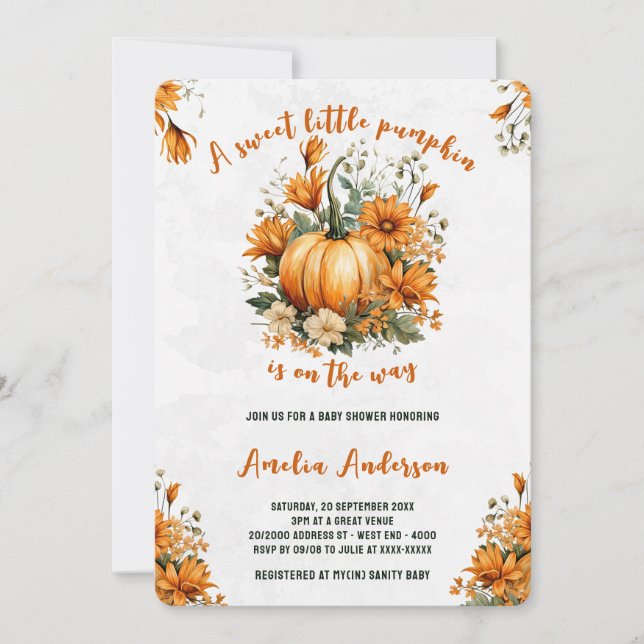 Watercolor Sweet Pumpkin Fall Baby Shower Invitation (Front)