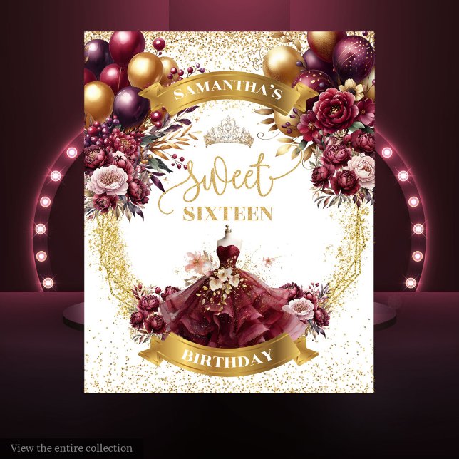 Watercolor Sweet Sixteen Backdrop Burgundy Dress (Watercolor Sweet Sixteen Backdrop Burgundy Dress)