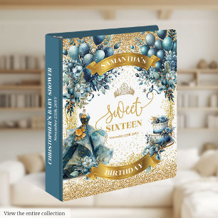 Watercolor Sweet Sixteen Blue Gold Glitter Photo 3 Ring Binder
