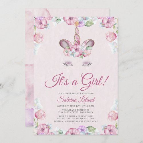Watercolor Sweet  Unicorn Its a Girl  Baby Shower Invitation