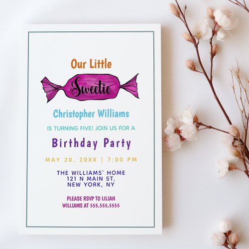Watercolor Sweetie Colorful Candy Birthday Party Invitation