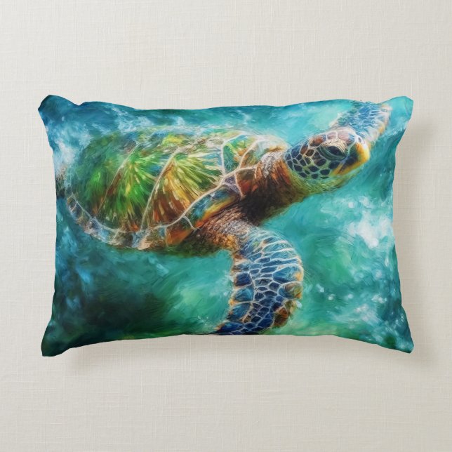 Watercolor Swimming Sea Turtle Accent Pillow (Front)