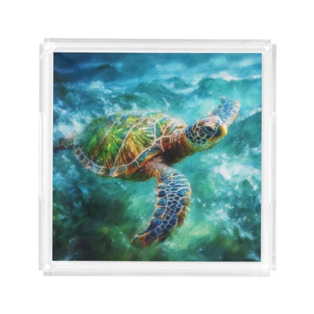 Watercolor Swimming Sea Turtle Acrylic Tray (Front)