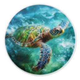 Watercolor Swimming Sea Turtle Ceramic Knob