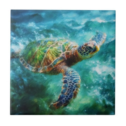 Watercolor Swimming Sea Turtle Ceramic Tile