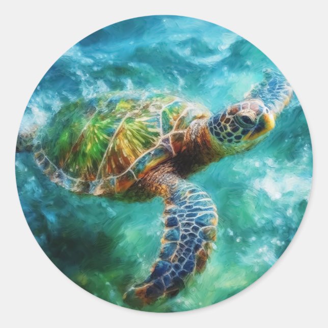 Watercolor Swimming Sea Turtle Classic Round Sticker (Front)