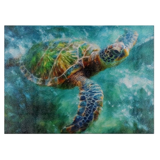 Watercolor Swimming Sea Turtle Cutting Board (Front)
