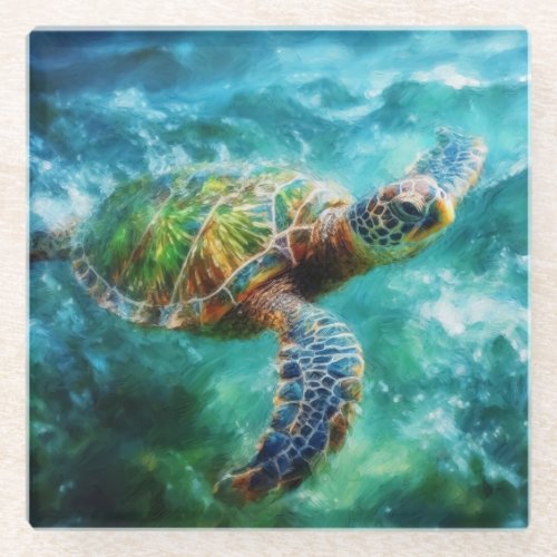 Watercolor Swimming Sea Turtle Glass Coaster