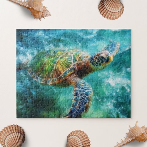 Watercolor Swimming Sea Turtle Jigsaw Puzzle