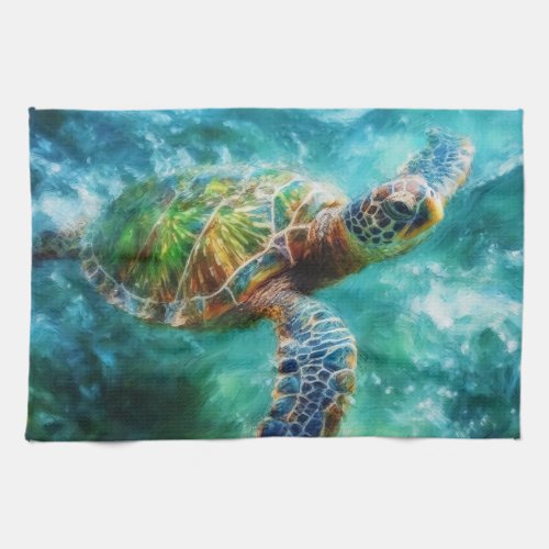 Watercolor Swimming Sea Turtle Kitchen Towel