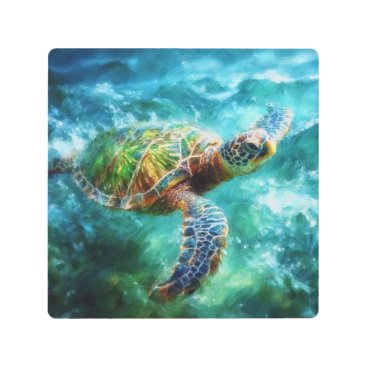 Watercolor Swimming Sea Turtle Metal Print