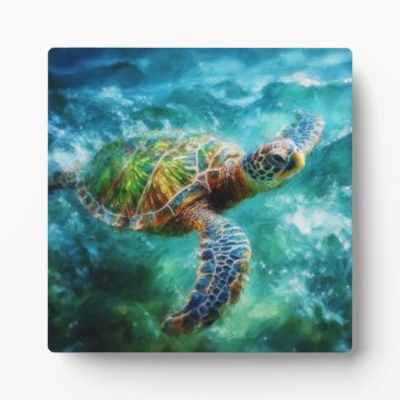 Watercolor Swimming Sea Turtle Plaque