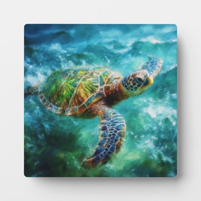 Watercolor Swimming Sea Turtle Plaque (Front)