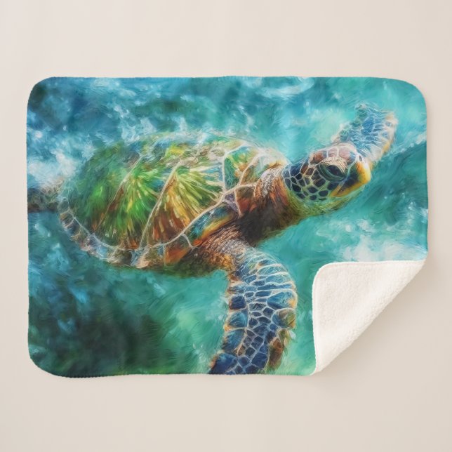 Watercolor Swimming Sea Turtle Sherpa Blanket (Front (Horizontal))