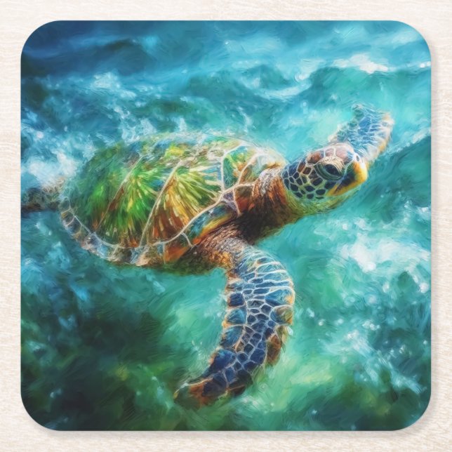 Watercolor Swimming Sea Turtle Square Paper Coaster (Front)