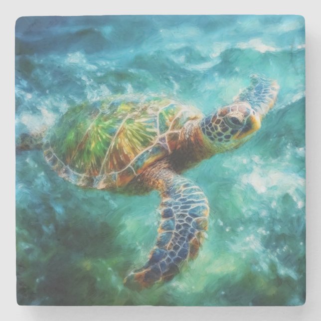 Watercolor Swimming Sea Turtle Stone Coaster (Front)