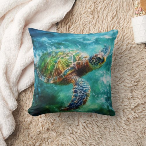 Watercolor Swimming Sea Turtle Throw Pillow