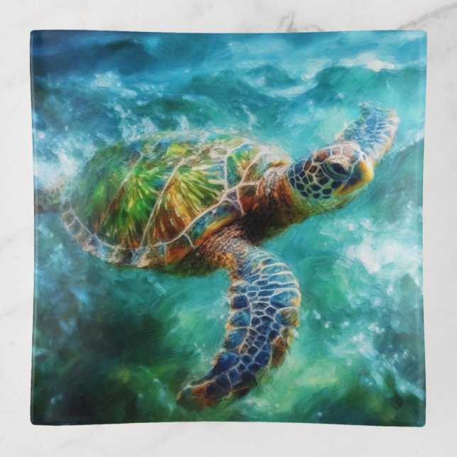 Watercolor Swimming Sea Turtle Trinket Tray (Front)