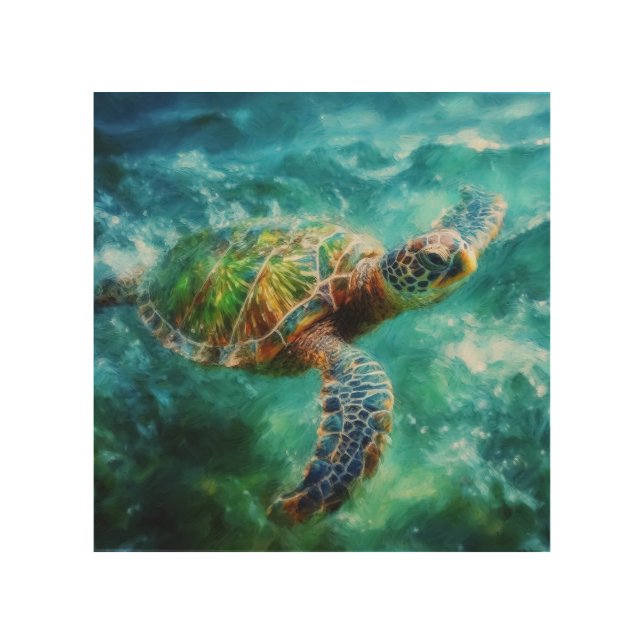 Watercolor Swimming Sea Turtle Wood Wall Art (Front)