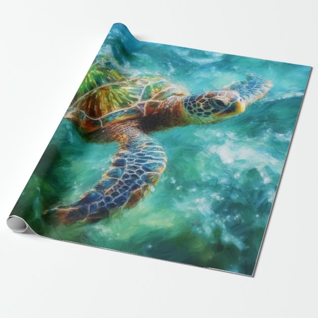 Watercolor Swimming Sea Turtle Wrapping Paper (Unrolled)