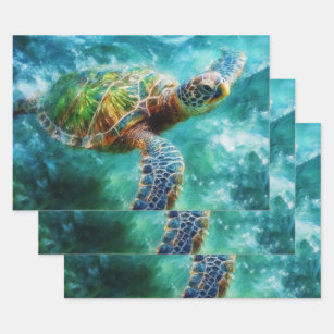 Watercolor Swimming Sea Turtle Wrapping Paper Sheets