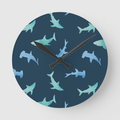 Watercolor Swimming Shark Silhouettes Pattern Round Clock