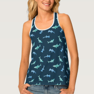 Watercolor Swimming Shark Silhouettes Pattern Tank Top