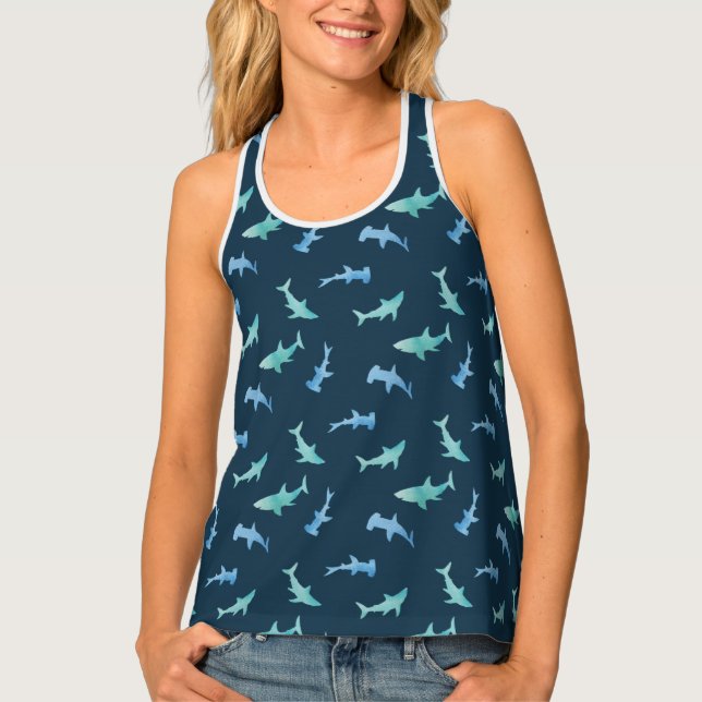 Watercolor Swimming Shark Silhouettes Pattern Tank Top (Front)