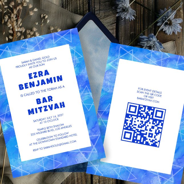 Watercolor Swirls Custom QR CODE Bar Bat Mitzvah Invitation (Watercolor Swirls Custom QR CODE Bar Bat Mitzvah Invitation
)