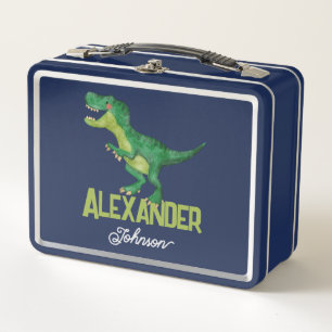 Watercolor T-rex Dinosaur with Custom Kids Name  Metal Lunch Box