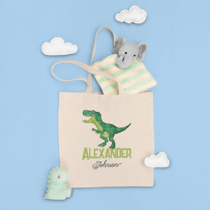 Watercolor T-rex Dinosaur with Custom Kids Name Tote Bag
