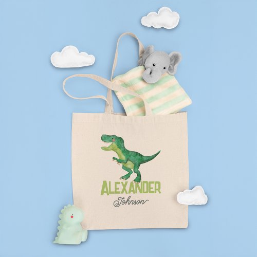 Watercolor T_rex Dinosaur with Custom Kids Name  Tote Bag
