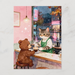 Watercolor Tabby Cat Barista Serving Bear Postcard
