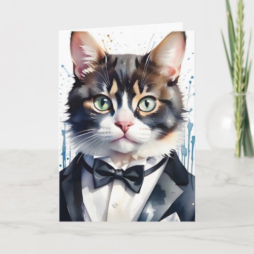 Watercolor Tabby Cat in a Tuxedo and Black Bow Tie Card