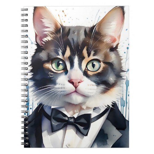 Watercolor Tabby Cat in a Tuxedo and Black Bow Tie Notebook