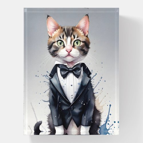 Watercolor Tabby Cat in a Tuxedo and Black Bow Tie Paperweight