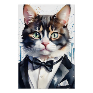 Watercolor Tabby Cat in a Tuxedo and Black Bow Tie Poster
