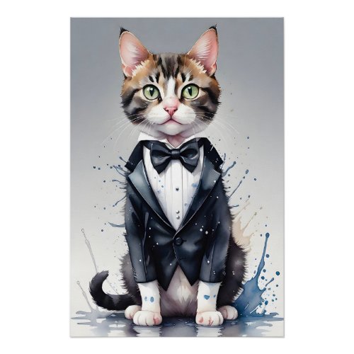 Watercolor Tabby Cat in a Tuxedo and Black Bow Tie Poster