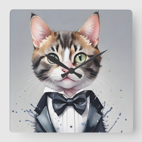 Watercolor Tabby Cat in a Tuxedo and Black Bow Tie Square Wall Clock