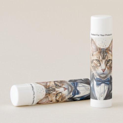 Watercolor Tabby Cat in a Tuxedo and Blue Bow Tie Lip Balm