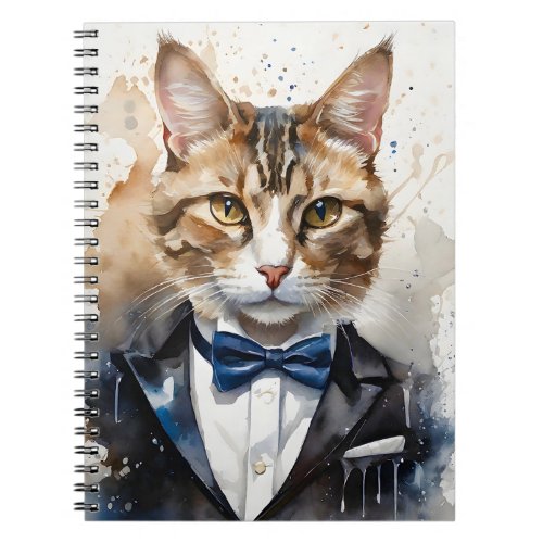 Watercolor Tabby Cat in a Tuxedo and Blue Bow Tie Notebook