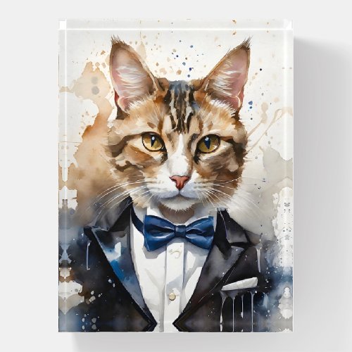 Watercolor Tabby Cat in a Tuxedo and Blue Bow Tie Paperweight