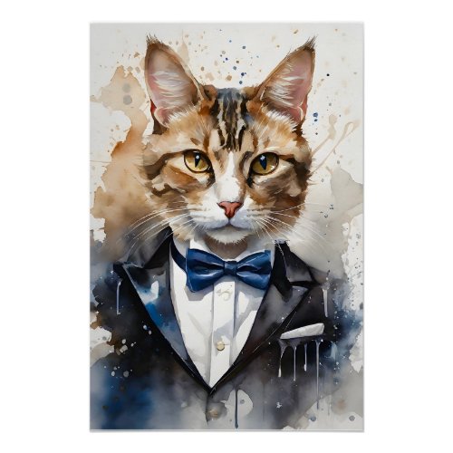 Watercolor Tabby Cat in a Tuxedo and Blue Bow Tie Poster
