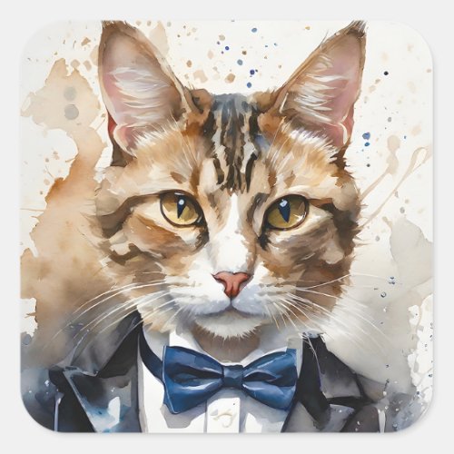 Watercolor Tabby Cat in a Tuxedo and Blue Bow Tie Square Sticker