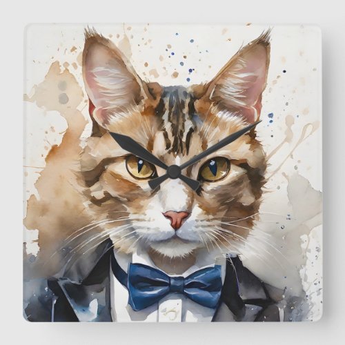 Watercolor Tabby Cat in a Tuxedo and Blue Bow Tie Square Wall Clock