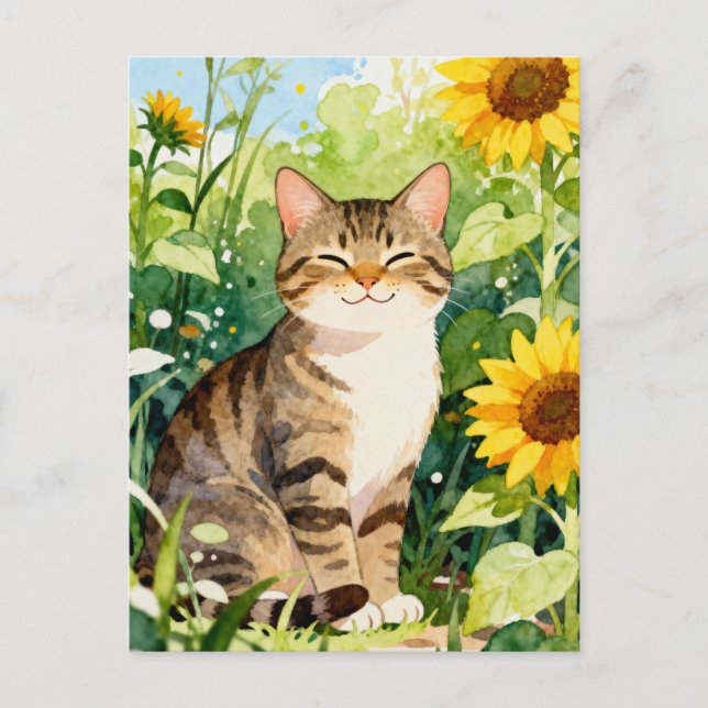 Watercolor Tabby Cat in Sunflower Garden Postcard (Front)