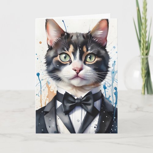Watercolor Tabby Cat in Tuxedo Vest Black Bow Tie Card