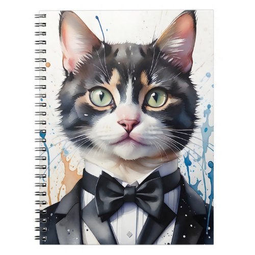 Watercolor Tabby Cat in Tuxedo Vest Black Bow Tie Notebook